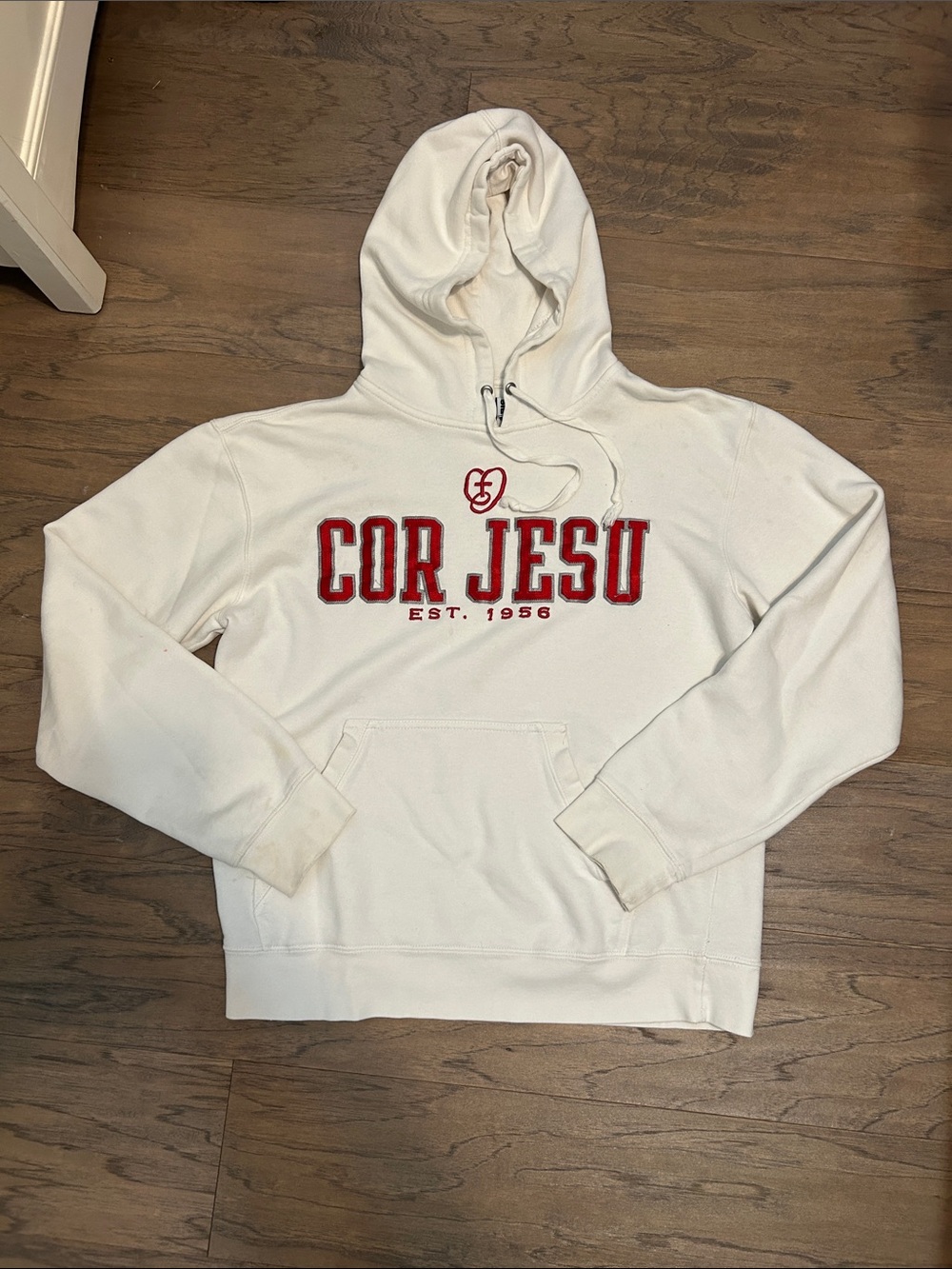 Gear For Sports White Hoodie with Red COR JESU Lettering
